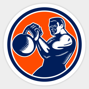 Bodybuilder Lifting Kettlebell Woodcut Sticker